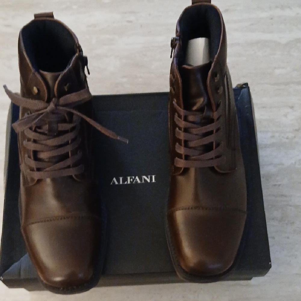Alfani Brown Leather Ankle Boots with Lace-Up Closure